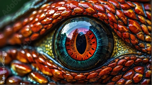 Close up of red dragon eye, detailed intricate texture and vibrant colors from Generative AI