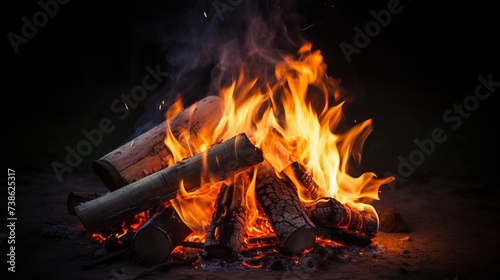 Bonfire with big orange wood flames burning on a dark night