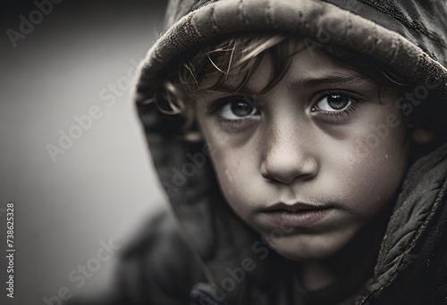 sad dirty homeless kid on minimal background