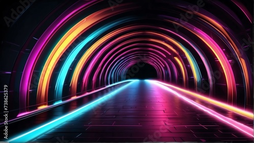Tunnel warp speed motion made of neon colorful rays of light in plain black background from Generative AI