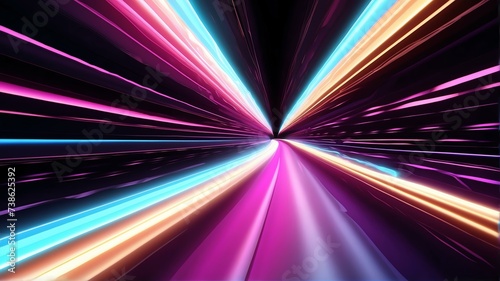 Tunnel warp speed motion made of neon contrasting colored rays of light in plain black background from Generative AI