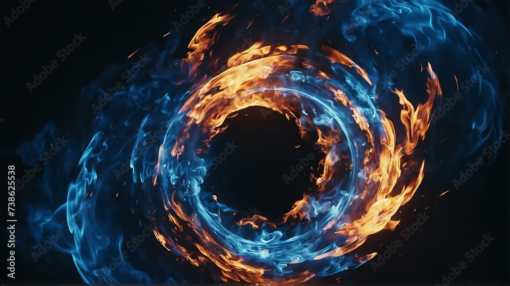 Abstract of blue fire flame circular vortex swirling with bright light and glowing ember particles, motion concept from Generative AI - obrazy, fototapety, plakaty 