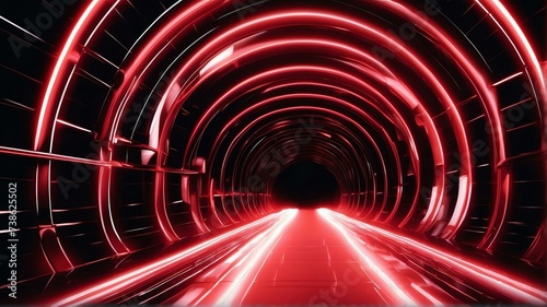 Tunnel warp speed motion made of neon red rays of light in plain black background from Generative AI