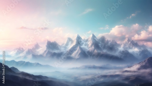 Softly blurred mountain range scenery with peaks and valleys. Use as backdrop for adventurous concepts. generative AI