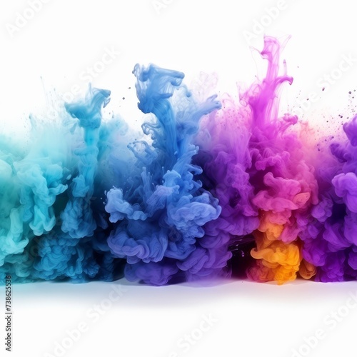 Colorful rainbow holi paint powder explosion isolated on white background with wide panorama view