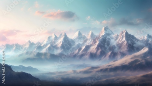 Softly blurred mountain range scenery with peaks and valleys. Use as backdrop for adventurous concepts. generative AI