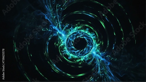 Abstract of blue green fire flame circular vortex swirling with bright light and glowing ember particles, motion concept from Generative AI