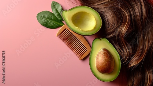 A big copy space with fresh avocado hair and comb in a clean surface a concept of herbal hair care product, Generative AI.