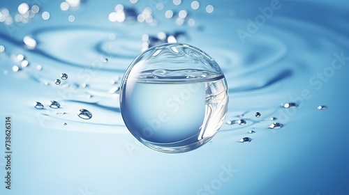 Cosmetic moisturizer bubble on the water surface, Cosmetic Essence, Liquid bubble, Molecule inside Liquid Bubble on the water background, 3d rendering photo