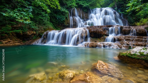 waterfall cascading into a crystal-clear pool  surrounded by verdant foliage  nature landscape