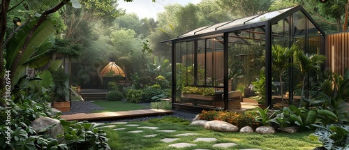 A delightful, environmentally friendly yard comprising a compost bin and greenhouse and space, Generative AI.