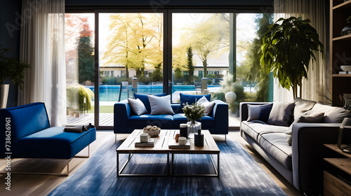 Salon avec canapé et table basse dans les tons bleus avec une porte fenêtre donnant sur la terrasse et la piscine © Concept Photo Studio
