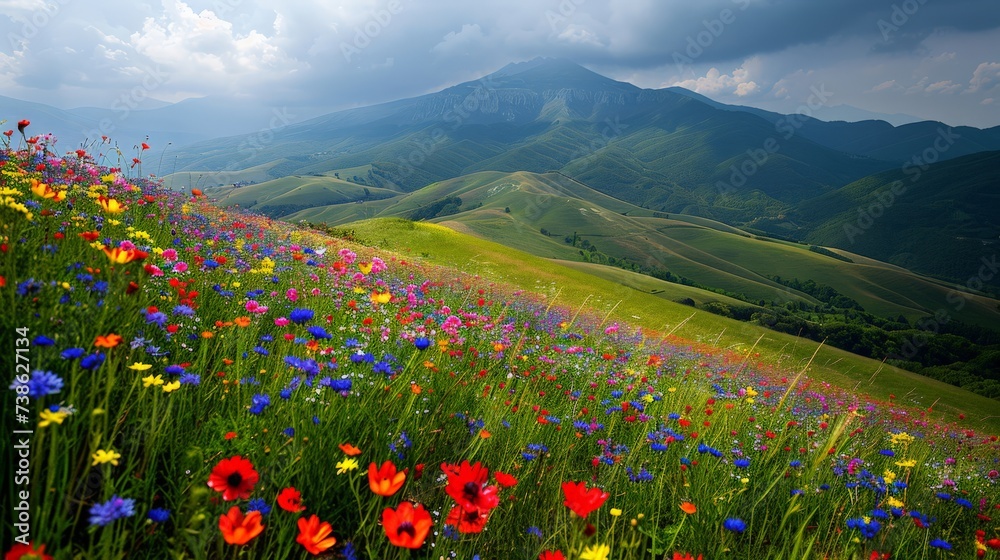 Rolling hills covered in wildflowers during spring, vibrant colors, nature landscape