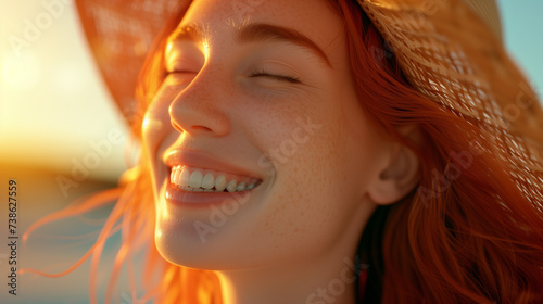 Joyful Red-haired Woman Enjoying Sunlight in a Carefree Outdoor Setting