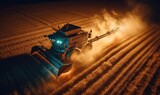 Blue and Yellow Combine Harvesting Under the Starry Night Sky