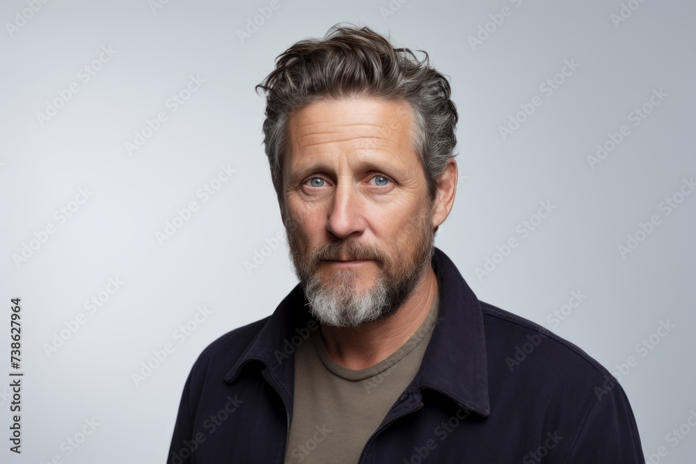 Portrait of a handsome middle aged man with grey hair and beard.