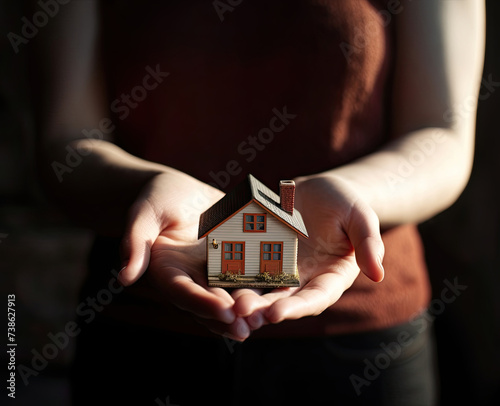 Woman holding model of house or home, mortage or rent finance concept image © veneratio
