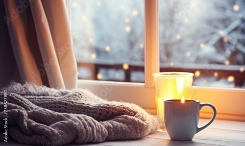 Coffee Cup Resting on Window Sill With Blanket