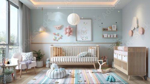 Scandinavian-style nursery with pastel colors, natural wood furniture, and playful decor