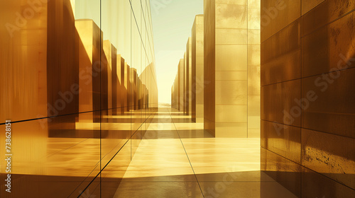 Golden Mirrored Building Facade in Desert Setting, 3D Rendering photo