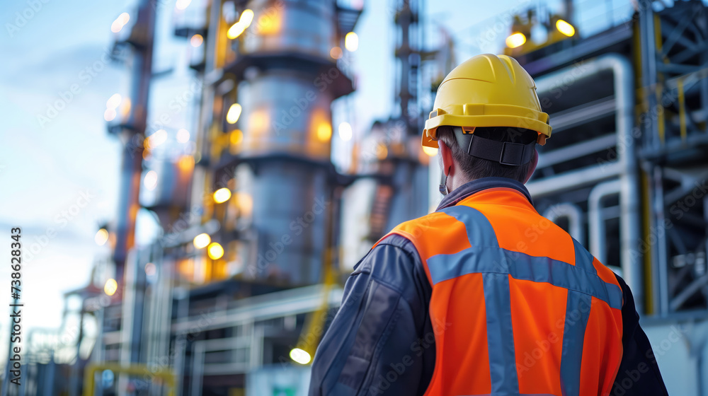 A worker in a yellow helmet and orange safety vest gazes at the towering structures of an industrial refinery. A worker in a yellow helmet and orange safety vest gazes at the towering structures of an industrial refinery.