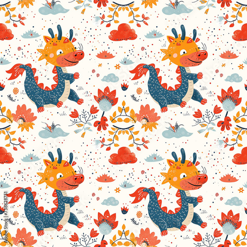 Seamless Childish Pattern Background with Chinese Dragon