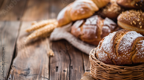 A rustic assortment of freshly baked bread in a wicker basket on a wooden table.
