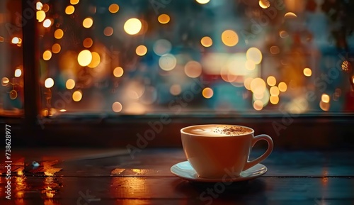 Coffee cup on wooden window sill in home setting epitomizing cozy morning or relaxing break capturing essence of a warm inviting lifestyle with freshly hot comfort of home with aroma and taste of cafe