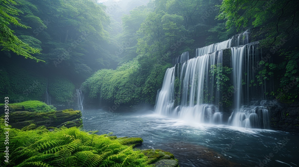 Serene waterfall, lush greenery, early morning, soft natural light