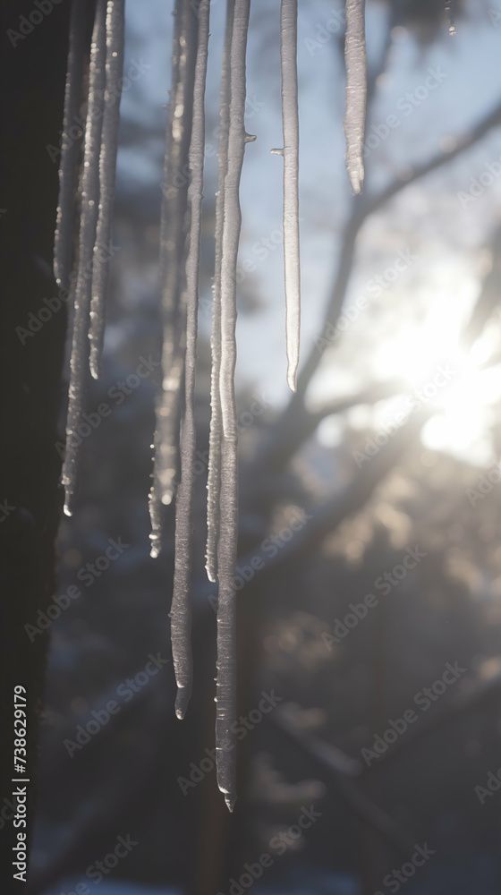 Icicles hang from the branch of a tree, glistening in the sunlight with a soft-focus snowy background Icicles hang from the branch of a tree, glistening in the sunlight with a soft-focus snowy background