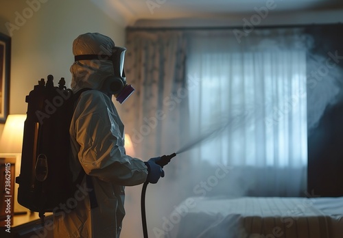 A pest control skilled sporting a protective gear sprays insecticide in a space in the bedroom and space, Generative AI. © Electro Unicorn