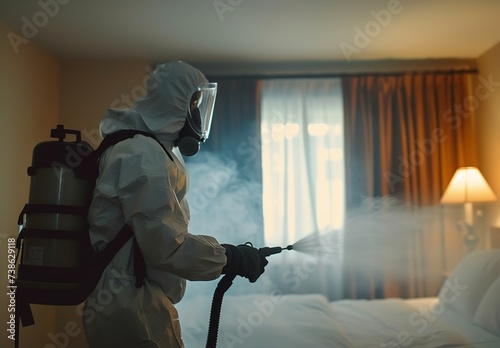 A pest control skilled sporting a protective gear sprays insecticide in a space in the bedroom and space, Generative AI. photo