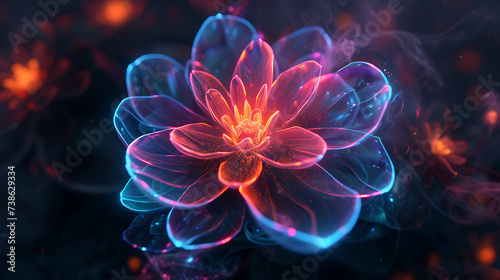 Mesmerizing 3D render of a neon-lit flower in a dark space  with petals formed by intricate geometric shapes