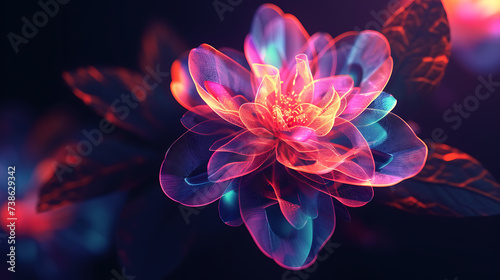 Mesmerizing 3D render of a neon-lit flower in a dark space  with petals formed by intricate geometric shapes