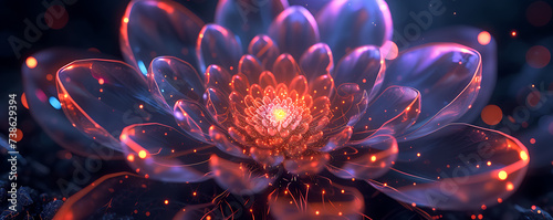 Mesmerizing 3D render of a neon-lit flower in a dark space, with petals formed by intricate geometric shapes © thisisforyou