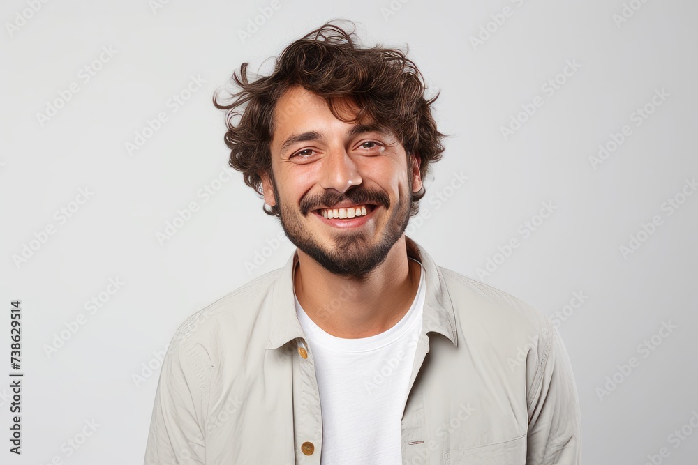 Cheerful young man with curly hair looking at camera and smiling Cheerful young man with curly hair looking at camera and smiling