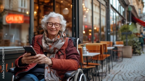 A senior citizen using a wheelchair and her mobile device placed in front of a café and space, Generative AI.