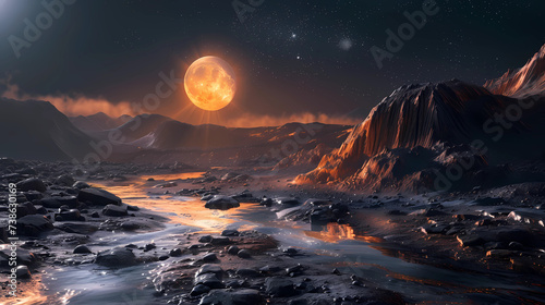 night on the planet with a view of the moon. rocky terrain. a stream and a ray of light in the darkness