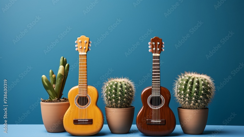 Fototapeta premium Cinco de Mayo concept. Two acoustic wooden guitars, cacti on a blue background.