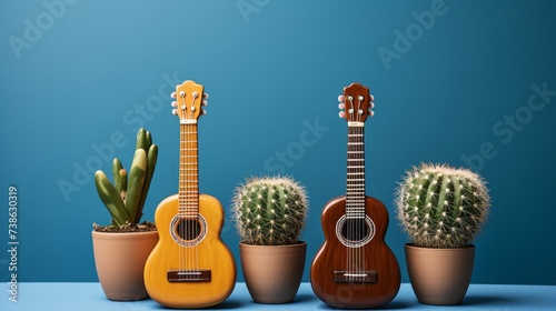 Cinco de Mayo concept. Two acoustic wooden guitars, cacti on a blue background.
