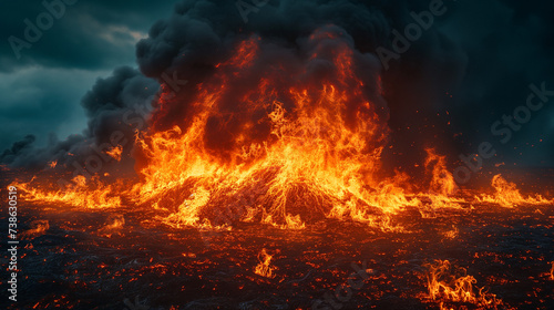 A dramatic image of a fire, its flames licking at the night sky. The fire is surrounded by smoke and ash, creating a sense of danger and excitement. Well exposed photo