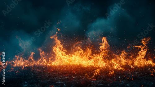 A dramatic image of a fire, its flames licking at the night sky. The fire is surrounded by smoke and ash, creating a sense of danger and excitement. Well exposed photo