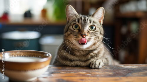 A humorous image of a cat, its tongue sticking out and its eyes crossed. The cat is sitting on a table, next to a bowl of milk. Well exposed photo