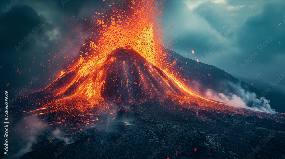 A dramatic image of a volcano erupting, its lava spewing into the air. The eruption is surrounded by smoke and ash, creating a sense of danger and excitement. Well exposed photo