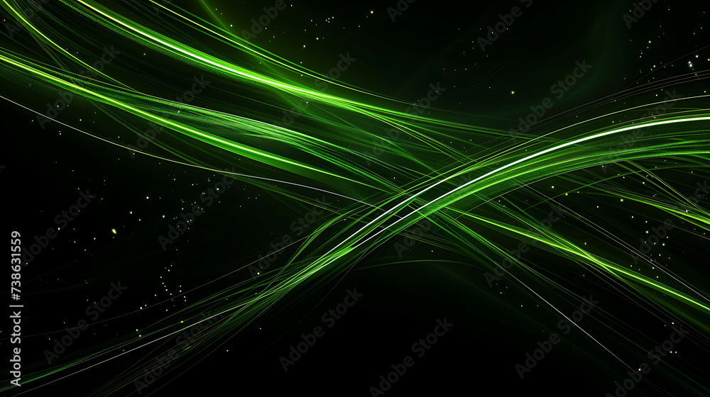 Modern wallpaper with green neon lines over a black background, illustrating a streaming energy concept with moving particles leaving glowing tracks