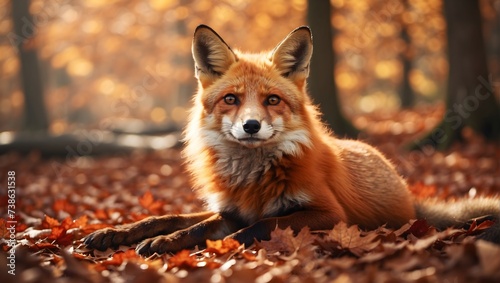 Crystal-clear image, 8K, tranquil woodland scene, close-up of a playful red fox frolicking among fallen leaves, its fiery coat standing out against the earthy tones of the forest floor. generative AI