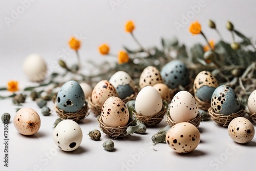 Creative layout floral pattern with quail eggs on white background. Easter minimal concept, copy space.