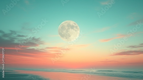 3d render of beautiful sunset with full moon and clouds in the sky