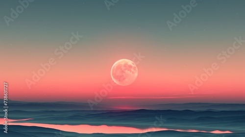 3d render of beautiful sunset with full moon and clouds in the sky