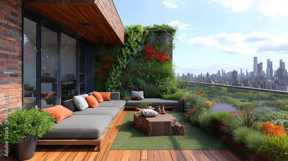 Rooftop Garden Oasis in the City, atranquil rooftop garden oasis in the midst of a bustling city, providing a green retreat with cityscape views.